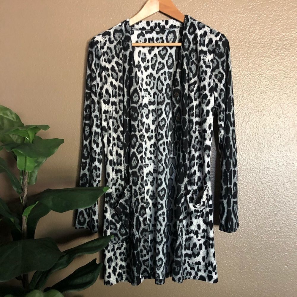 Black Leopard Button Down Long Sleeve Cardigan
